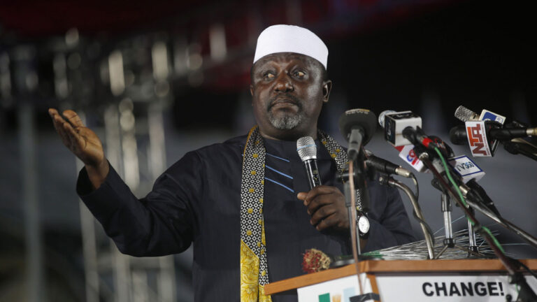 Presidential aspirant Okorocha speaks as he presents his manifesto at All Progressives Congress party convention in Lagos
